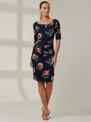 Scoop Neck Sleeved Pencil Dress, Navy Floral