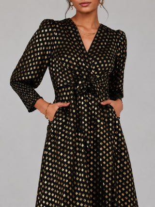 Metallic Spot Print Puffy Sleeve Maxi Dress, Black