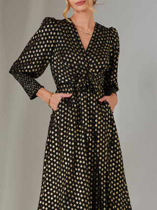 Metallic Spot Print Puffy Sleeve Maxi Dress, Black