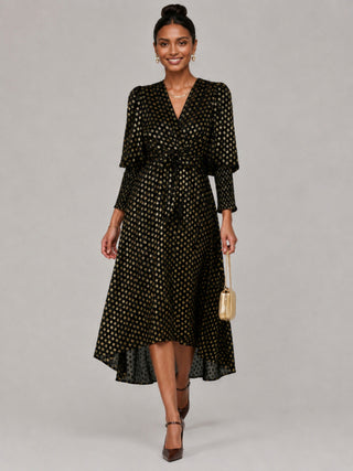 Metallic Spot Print Puffy Sleeve Maxi Dress, Black