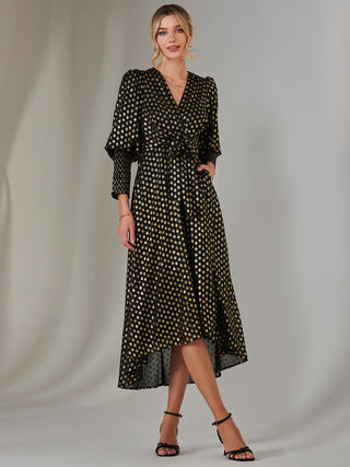 Metallic Spot Print Puffy Sleeve Maxi Dress, Black