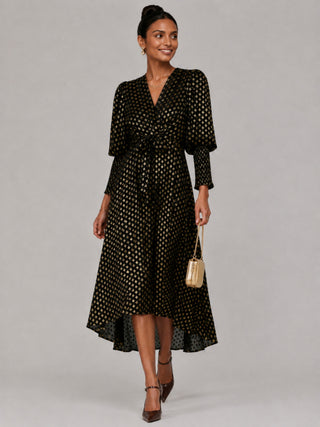 Metallic Spot Print Puffy Sleeve Maxi Dress, Black