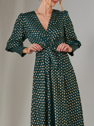 Metallic Spot Print Puffy Sleeve Maxi Dress, Dark Green