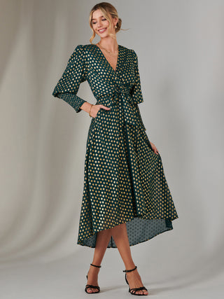 Metallic Spot Print Puffy Sleeve Maxi Dress, Dark Green