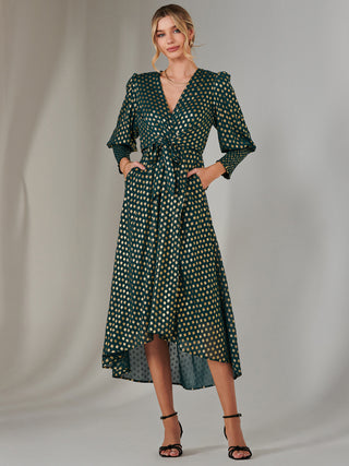 Metallic Spot Print Puffy Sleeve Maxi Dress, Dark Green Jolie Moi Retail Metallic Spot Print Puffy Sleeve Maxi Dress, Dark Green Jolie Moi Retail