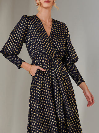 Metallic Spot Print Puffy Sleeve Maxi Dress, Navy