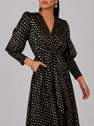 Metallic Spot Print Puffy Sleeve Maxi Dress, Navy