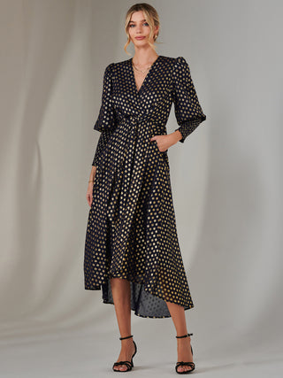 Metallic Spot Print Puffy Sleeve Maxi Dress, Navy