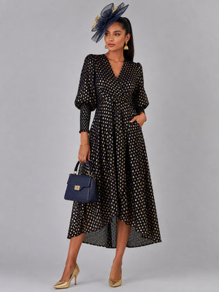 Metallic Spot Print Puffy Sleeve Maxi Dress, Navy