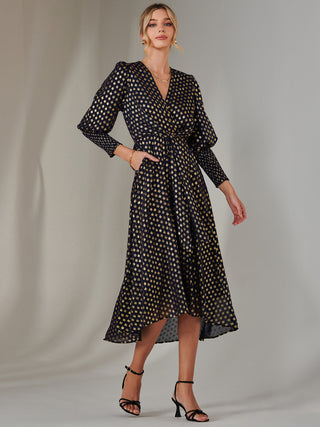 Metallic Spot Print Puffy Sleeve Maxi Dress, Navy