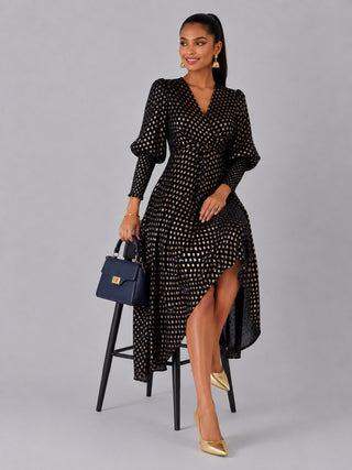 Metallic Spot Print Puffy Sleeve Maxi Dress, Navy