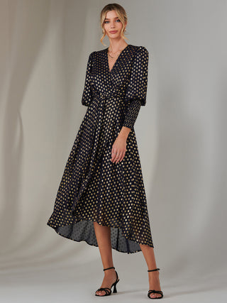 Metallic Spot Print Puffy Sleeve Maxi Dress, Navy