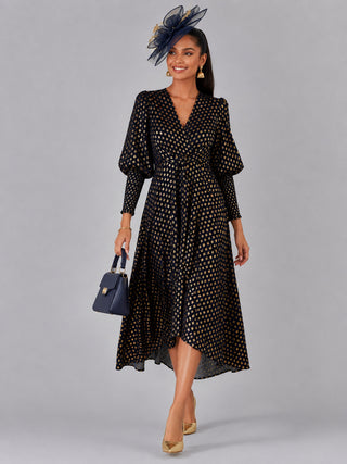 Metallic Spot Print Puffy Sleeve Maxi Dress, Navy