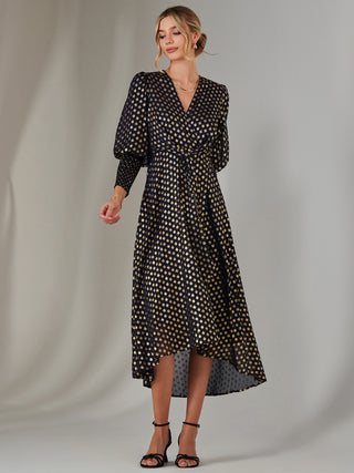 Metallic Spot Print Puffy Sleeve Maxi Dress, Navy