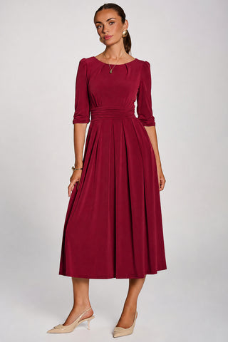 3/4 Sleeve Pleated Jersey Maxi Dress, Burgundy