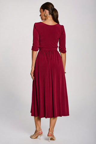 3/4 Sleeve Pleated Jersey Maxi Dress, Burgundy