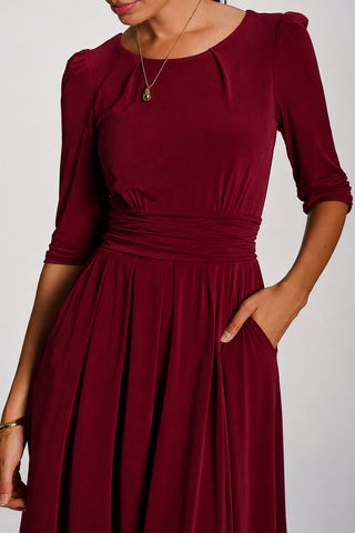 3/4 Sleeve Pleated Jersey Maxi Dress, Burgundy