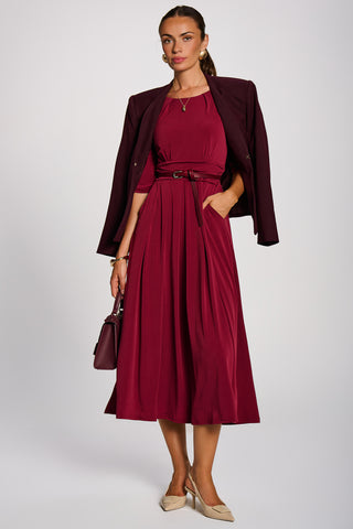 3/4 Sleeve Pleated Jersey Maxi Dress, Burgundy