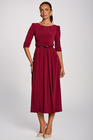 3/4 Sleeve Pleated Jersey Maxi Dress, Burgundy