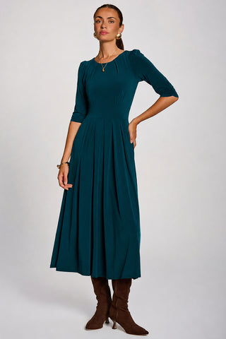 3/4 Sleeve Pleated Jersey Maxi Dress, Dark Green