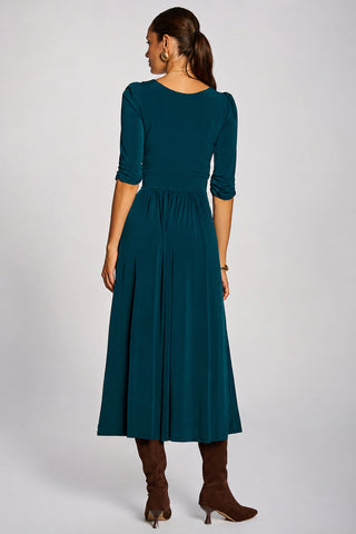 3/4 Sleeve Pleated Jersey Maxi Dress, Dark Green