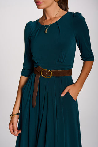 3/4 Sleeve Pleated Jersey Maxi Dress, Dark Green