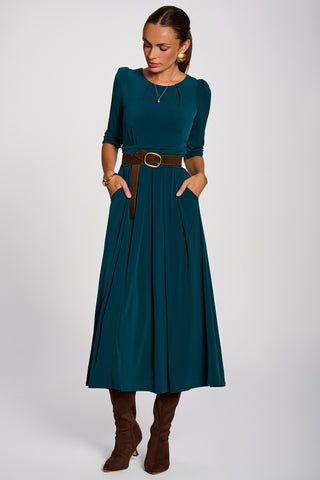 3/4 Sleeve Pleated Jersey Maxi Dress, Dark Green