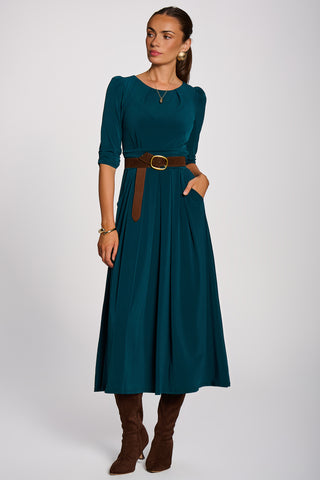 3/4 Sleeve Pleated Jersey Maxi Dress, Dark Green