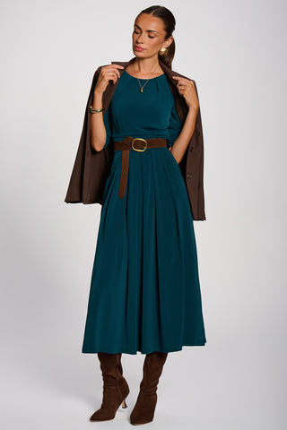 3/4 Sleeve Pleated Jersey Maxi Dress, Dark Green