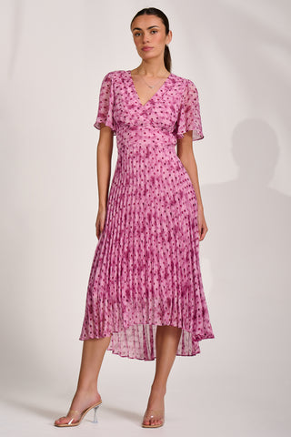 Printed Chiffon Glitter Maxi Dress, Pink Spot