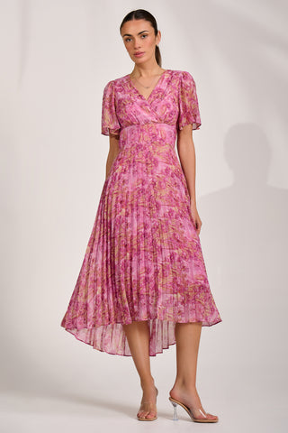 Printed Chiffon Glitter Maxi Dress, Pink Abstract