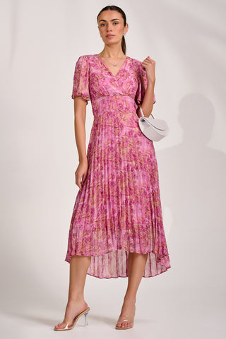 Printed Chiffon Glitter Maxi Dress, Pink Abstract