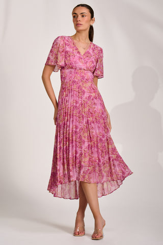 Printed Chiffon Glitter Maxi Dress, Pink Abstract