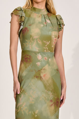 High Neck Ruffle Sleeve Chiffon Maxi Dress, Green Floral