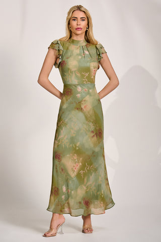 High Neck Ruffle Sleeve Chiffon Maxi Dress, Green Floral