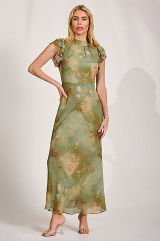 High Neck Ruffle Sleeve Chiffon Maxi Dress, Green Floral
