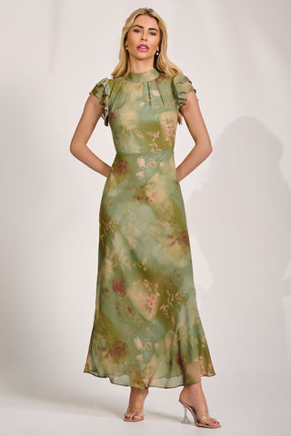 High Neck Ruffle Sleeve Chiffon Maxi Dress, Green Floral