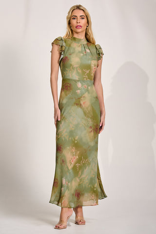 High Neck Ruffle Sleeve Chiffon Maxi Dress, Green Floral