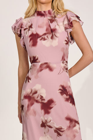 High Neck Ruffle Sleeve Chiffon Maxi Dress, Pink Floral