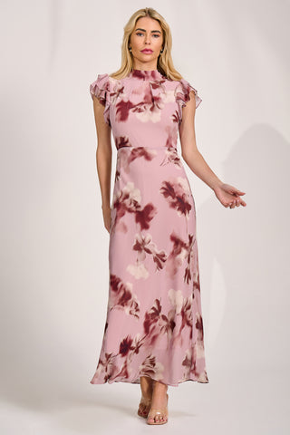 High Neck Ruffle Sleeve Chiffon Maxi Dress, Pink Floral