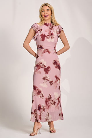 High Neck Ruffle Sleeve Chiffon Maxi Dress, Pink Floral