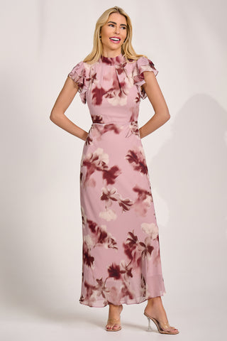 High Neck Ruffle Sleeve Chiffon Maxi Dress, Pink Floral