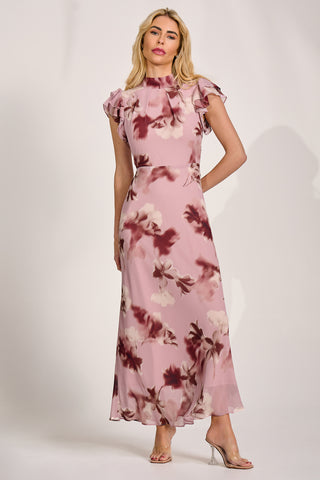 High Neck Ruffle Sleeve Chiffon Maxi Dress, Pink Floral