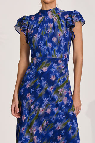 High Neck Ruffle Sleeve Chiffon Maxi Dress, Royal Floral