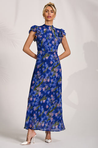 High Neck Ruffle Sleeve Chiffon Maxi Dress, Royal Floral