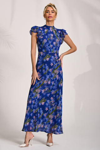High Neck Ruffle Sleeve Chiffon Maxi Dress, Royal Floral