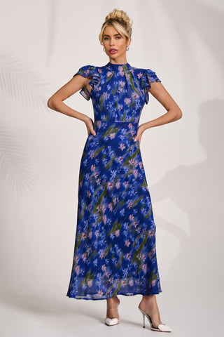 High Neck Ruffle Sleeve Chiffon Maxi Dress, Royal Floral