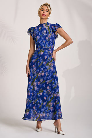 High Neck Ruffle Sleeve Chiffon Maxi Dress, Royal Floral