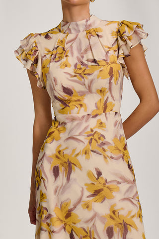 High Neck Ruffle Sleeve Chiffon Maxi Dress, Yellow Floral