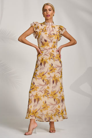 High Neck Ruffle Sleeve Chiffon Maxi Dress, Yellow Floral